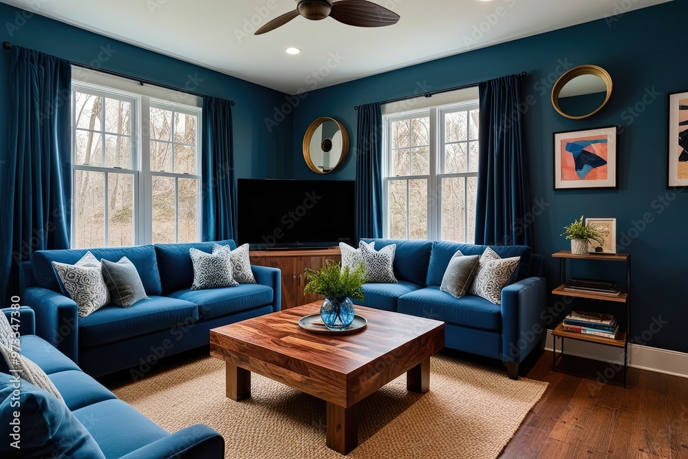 Cozy Multimedia Room Featuring Handcrafted Table in Midnight Blue Decor Cozy Multimedia Room Featuring Handcrafted Table in Midnight Blue Decor