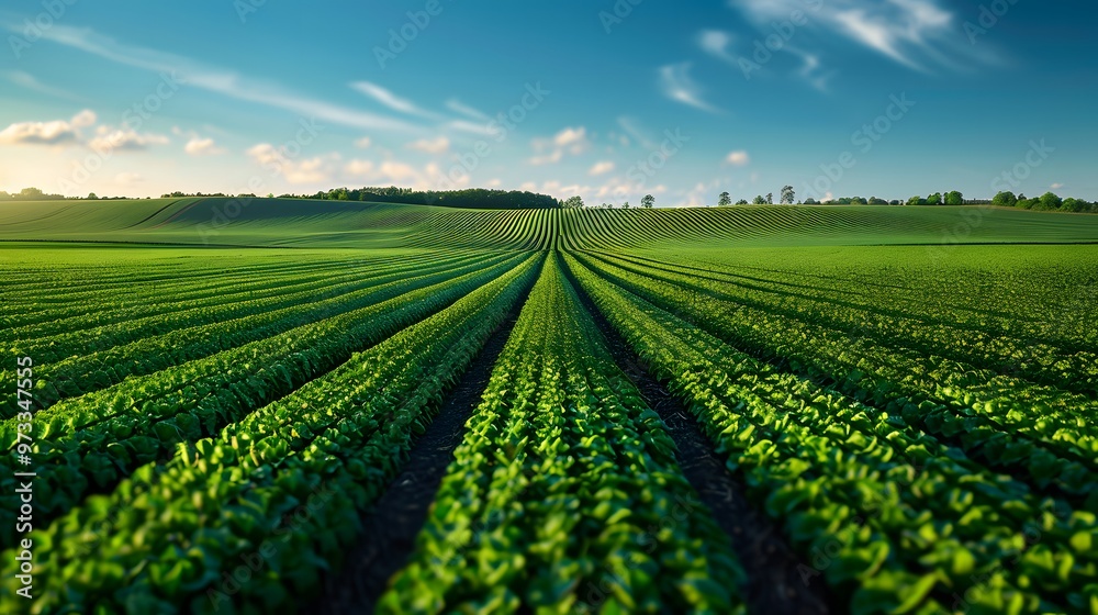 Green Agricultural Field Rows Under Blue Sky with Copy Space
Green Agricultural Field Rows Under Blue Sky with Copy Space