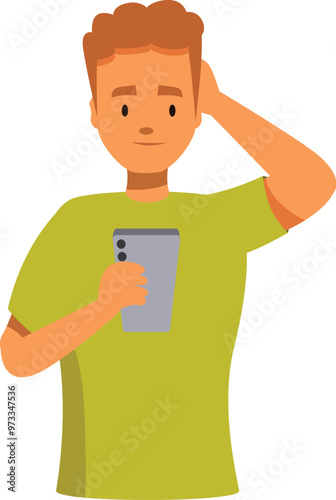 Thoughtful young man scratching his head while holding a smartphone in his other hand