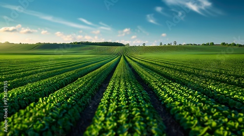 Green Agricultural Field Rows Under Blue Sky with Copy Space 