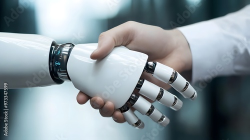 robot handshake human, artificial intelligence digital transformation 