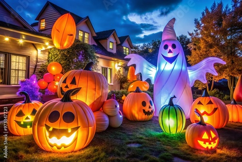 Vibrant, glowing, and whimsical animated inflatable Halloween decorations, including ghosts, bats, and photo