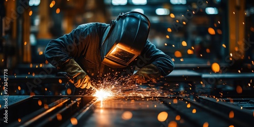 An individual in a welding mask is engaged in intricate metal work, showcasing precision with bright sparks and intense light