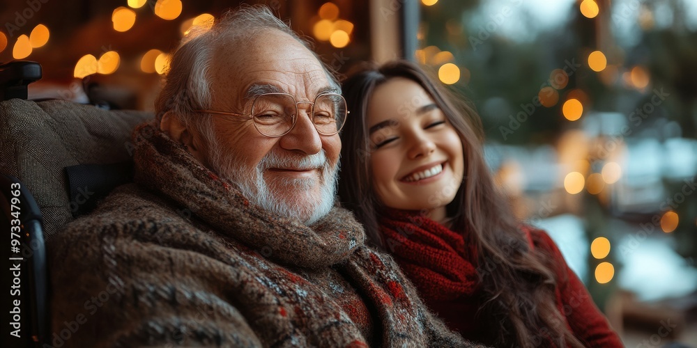 Senior Man in Wheelchair Celebrating Christmas and New Year with Granddaughter Senior Man in Wheelchair Celebrating Christmas and New Year with Granddaughter