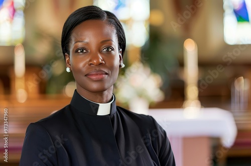 Confident female pastor standing in church