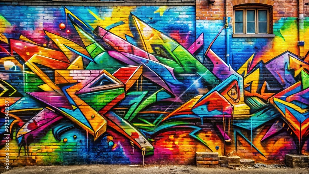 Fototapeta premium Vibrant, stylized graffiti letters splashed across a weathered urban wall, bursting with color and energy, conveying a