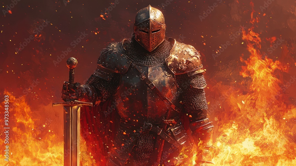 A fierce knight in full armor holding a sword, backed by a fiery landscape that enhances the dramatic and heroic nature of the scene.