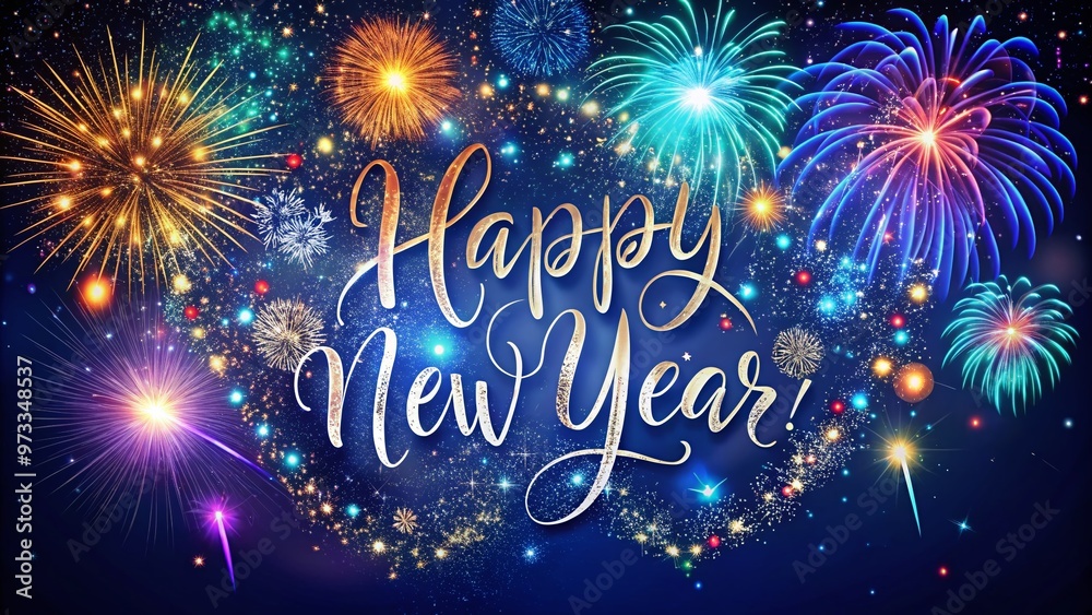 Vibrant, swirling confetti and glittering fireworks explode against a dark blue night sky, illuminating the words Vibrant, swirling confetti and glittering fireworks explode against a dark blue night sky, illuminating the words