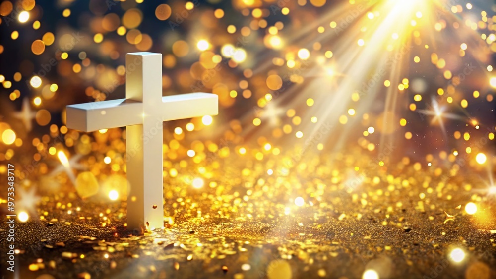 Vibrant abstract background with golden confetti, sparkling lights, and a large white cross, symbolizing faith, hope, and joy in the new year celebration. Vibrant abstract background with golden confetti, sparkling lights, and a large white cross, symbolizing faith, hope, and joy in the new year celebration.
