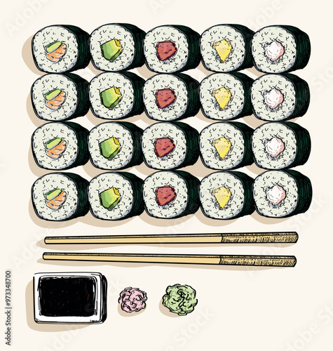 sushi pattern different types of maki delicious food asian japanees restaurant dish draw linear illustration isolated on white background