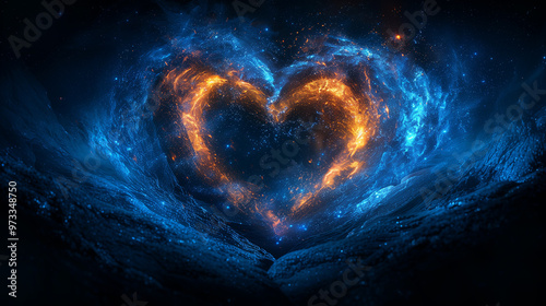 Fiery heart in the starry night. Valentine’s Day greeting, love confession, romantic relationships, heart, cosmos, night, celestial, nebula, galactic.