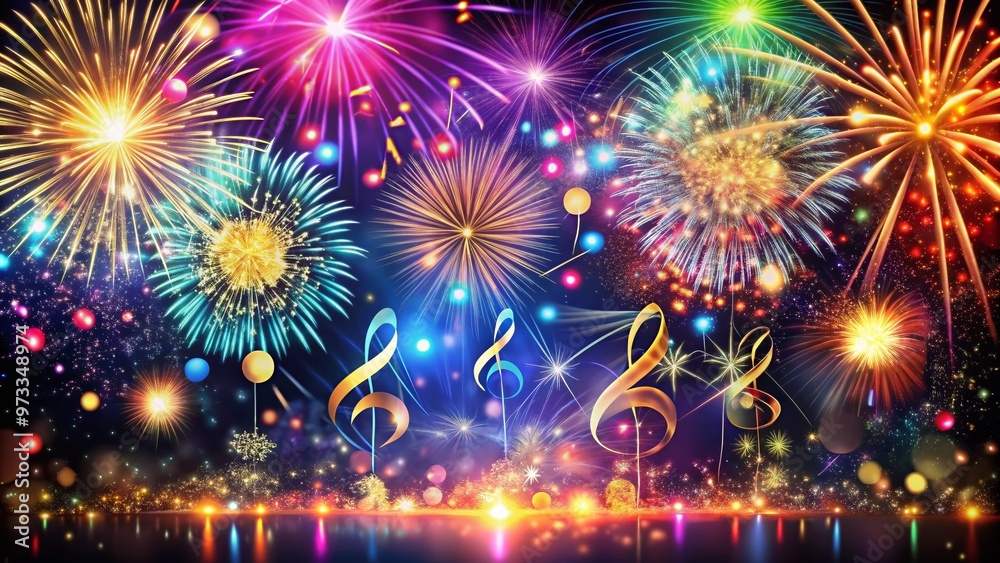 Fototapeta premium Vibrant animated fireworks and confetti explode in a burst of colorful lights, accompanied by festive celebratory music, to ring in a joyful and prosperous new year.
