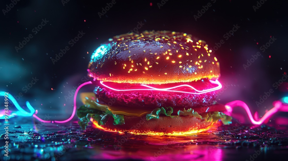 A glowing burger with neon light trails set against a dark, futuristic backdrop. A glowing burger with neon light trails set against a dark, futuristic backdrop.
