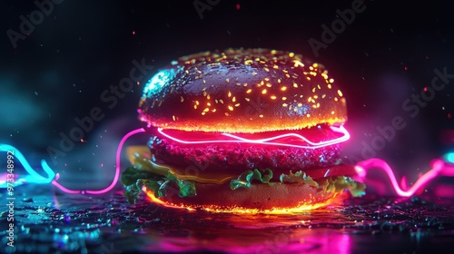 A glowing burger with neon light trails set against a dark, futuristic backdrop.