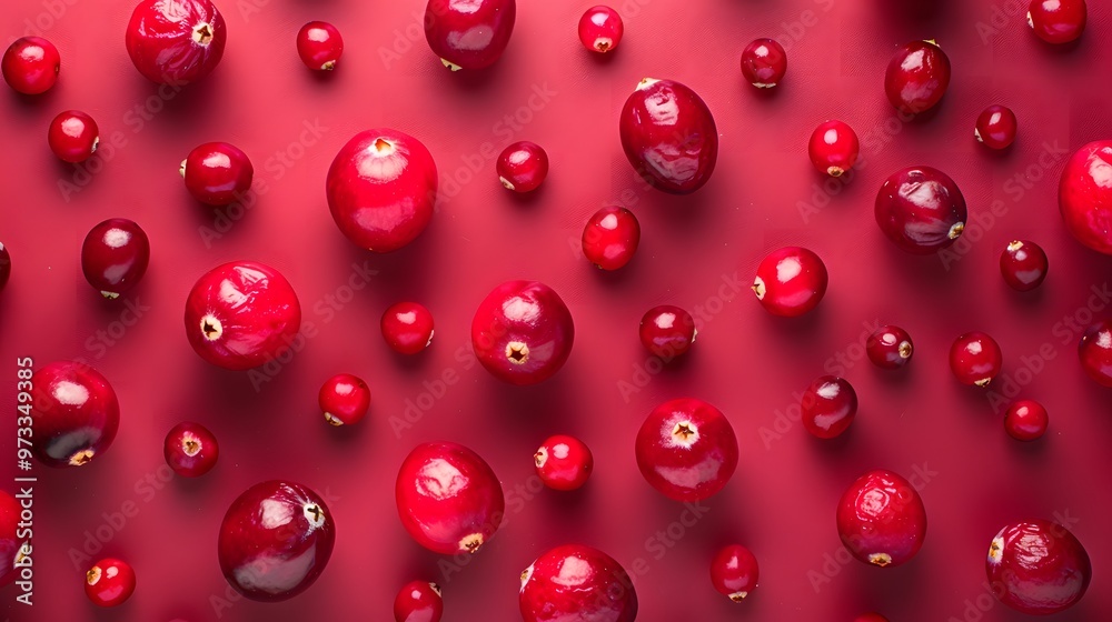 Fototapeta premium Fresh cranberries scattered on vibrant red background, minimal fruit pattern for health food marketing, ideal for nutrition and wellness campaigns, colorful food photography with copyspace 