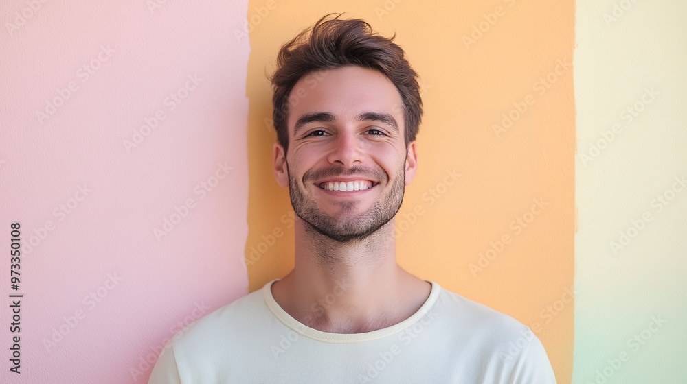 Fototapeta premium Portrait of a smiling man with a beard, standing against a colourful wall.