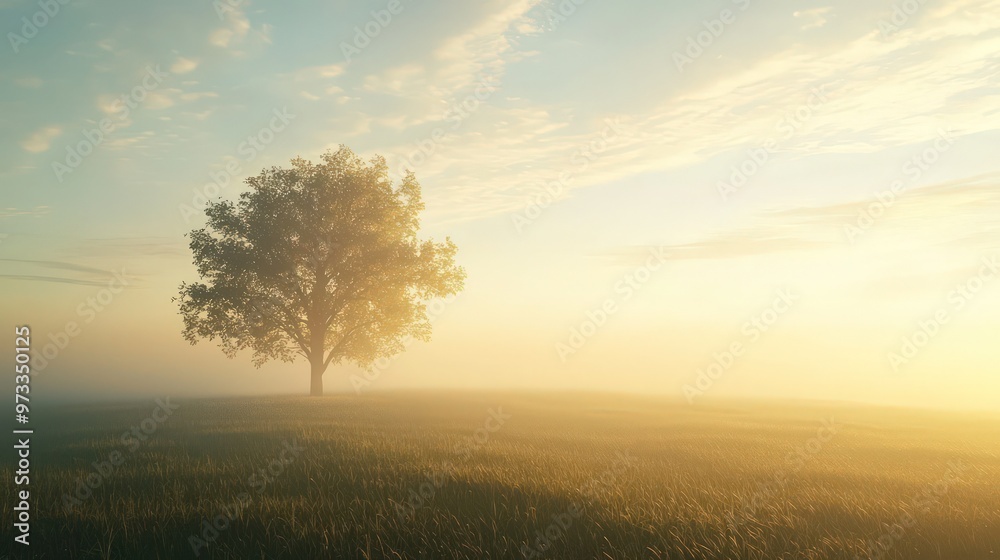 Obraz premium A lone tree stands in a misty meadow, sun-warmed and expansive under a vast sky, symbolizing solitude and peace.