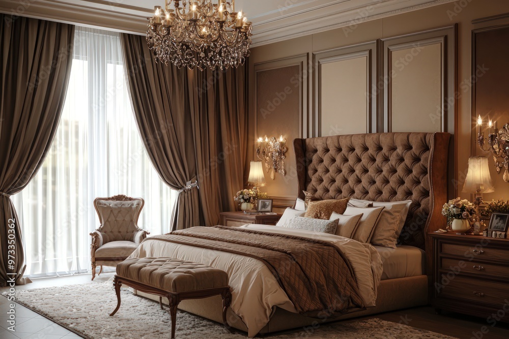 A luxurious bedroom interior design with a beige cozy theme and wooden furniture - 3D render with AI. A luxurious bedroom interior design with a beige cozy theme and wooden furniture - 3D render with AI.