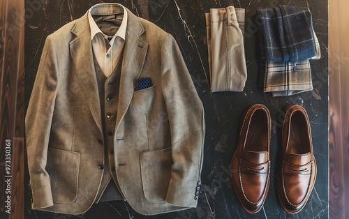High-definition capture of a chic business casual outfit with a blazer and loafers, arranged neatly on a polished surface with subtle lighting.