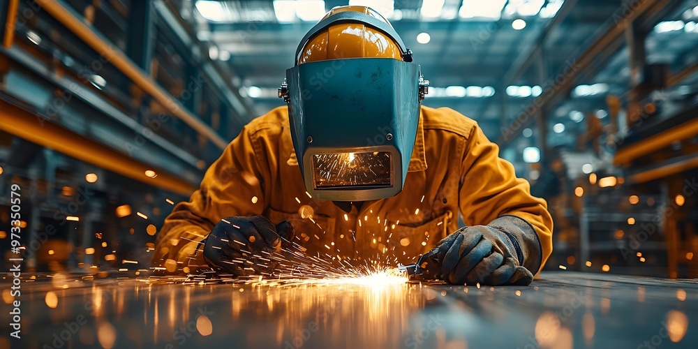 An individual in protective gear is focused on creating precise welds, with a torch producing bright arcs and visible sparks An individual in protective gear is focused on creating precise welds, with a torch producing bright arcs and visible sparks