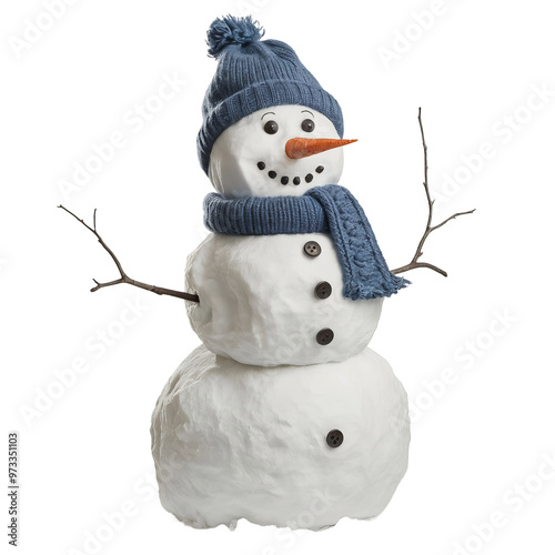 cheerful snowman in hat isolated on black background, winter holidays fun