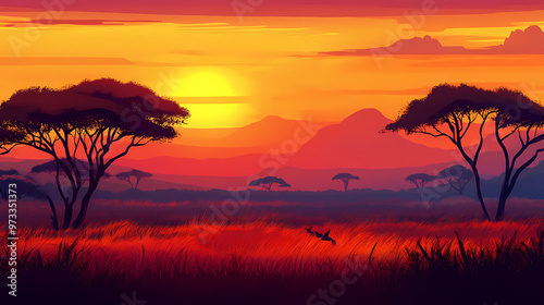 African savannah on the background of the sunset. Savannah. Illustration photo