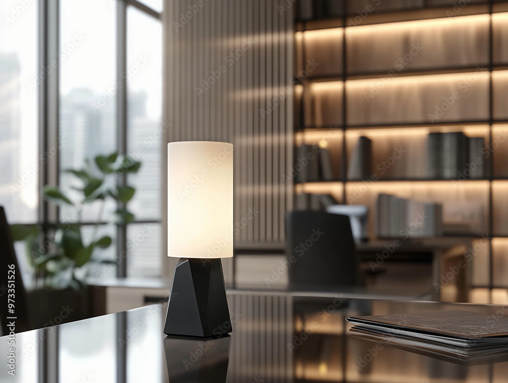 modern table lamp with a matte black finish, featuring a geometric, angular base and a white cylindrical shade modern table lamp with a matte black finish, featuring a geometric, angular base and a white cylindrical shade