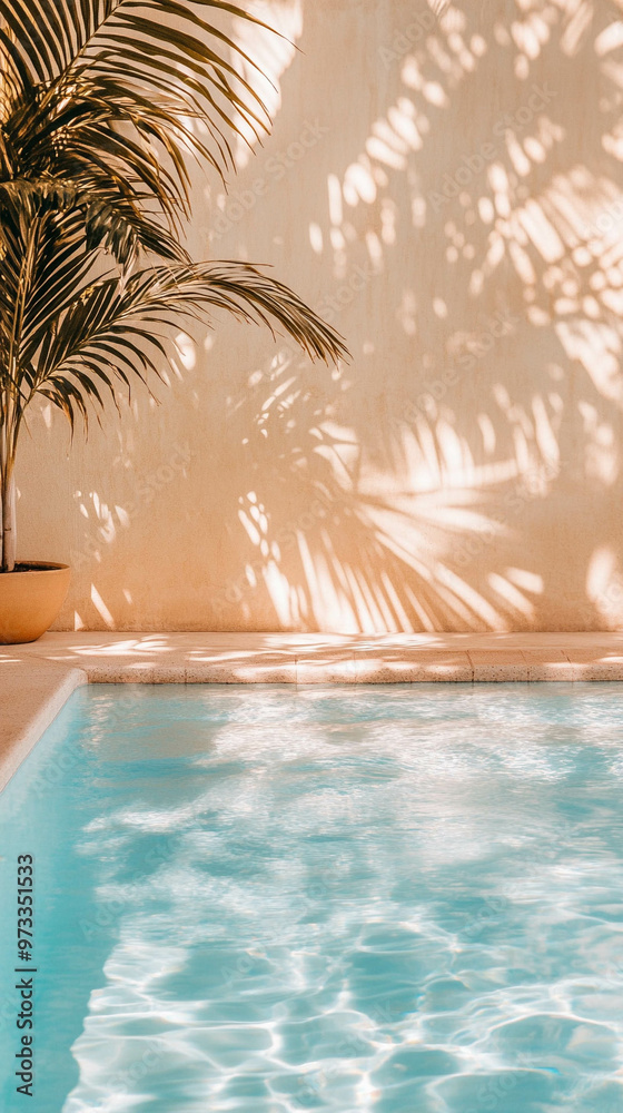 A vertical photo of a swimming pool close-up with sun reflection, against a light beige wall, and some plants