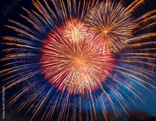 Isolated fireworks with depth of field capturing vibrant colors and festive atmosphere