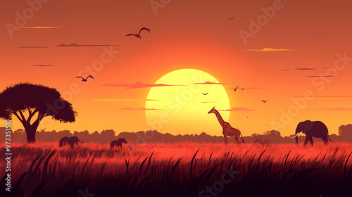 An african savanna sunset, featuring elephant, giraffe, and lion silhouettes against the horizon. Savannah. Illustration