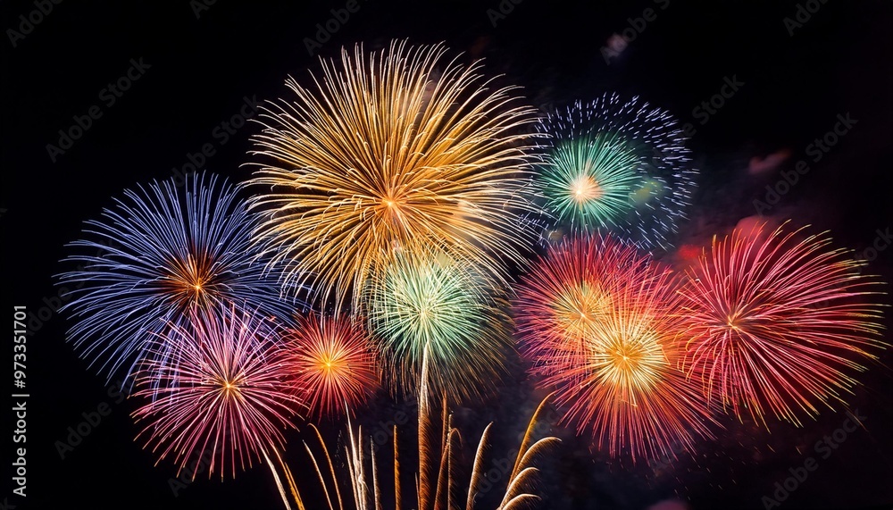 Isolated fireworks with depth of field capturing vibrant colors and festive atmosphere Isolated fireworks with depth of field capturing vibrant colors and festive atmosphere
