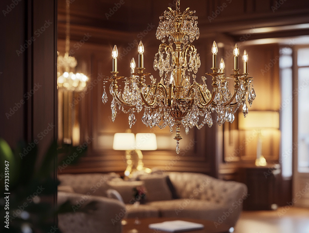 chandelier with brass and crystal details, suspended in a cozy