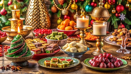 Vibrant colors and ornaments adorn a festive table setting, traditional Turkish treats and decorations delightfully arranged to celebrate the start of a new year.