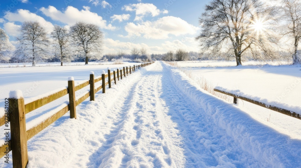 Naklejka premium A stunning sunrise lights up a snow-covered landscape, with tall trees and a wooden fence in the foreground creating a calm and peaceful atmosphere as shadows stretch across the ground