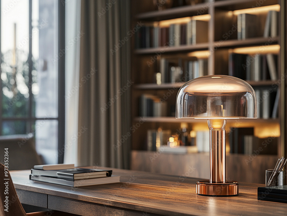 Elegant modern table lamp with a rose gold base and a clear acrylic shade, casting a soft, diffused light over a rustic wooden desk in a cozy study Elegant modern table lamp with a rose gold base and a clear acrylic shade, casting a soft, diffused light over a rustic wooden desk in a cozy study