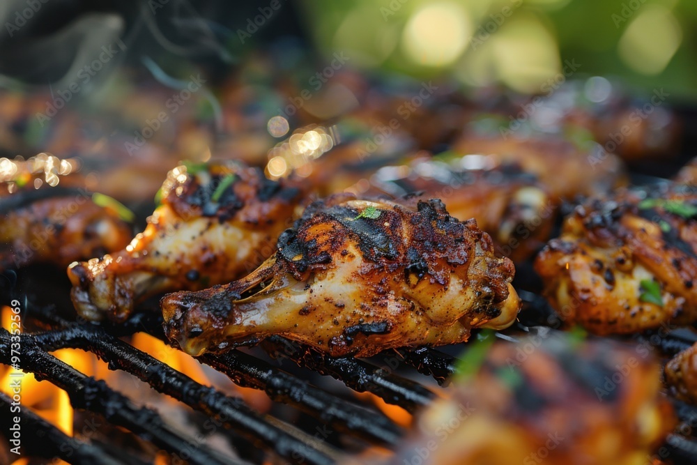 Grilled chicken wings with seasoning and dipping sauce, barbecue presentation, delicious scene Grilled chicken wings with seasoning and dipping sauce, barbecue presentation, delicious scene