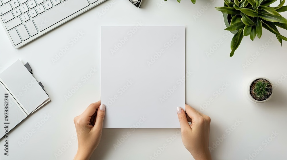 A pair of female hands hold a blank white sheet of paper against a white office desk with a keyboard, notebook, and a potted plant in the background. A pair of female hands hold a blank white sheet of paper against a white office desk with a keyboard, notebook, and a potted plant in the background.