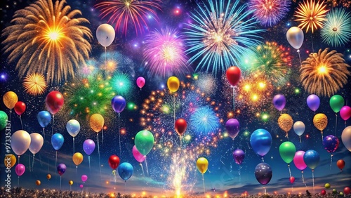 Vibrant confetti and balloons fill the night sky as fireworks explode in a kaleidoscope of colors, capturing the magic and excitement of a festive celebration. photo