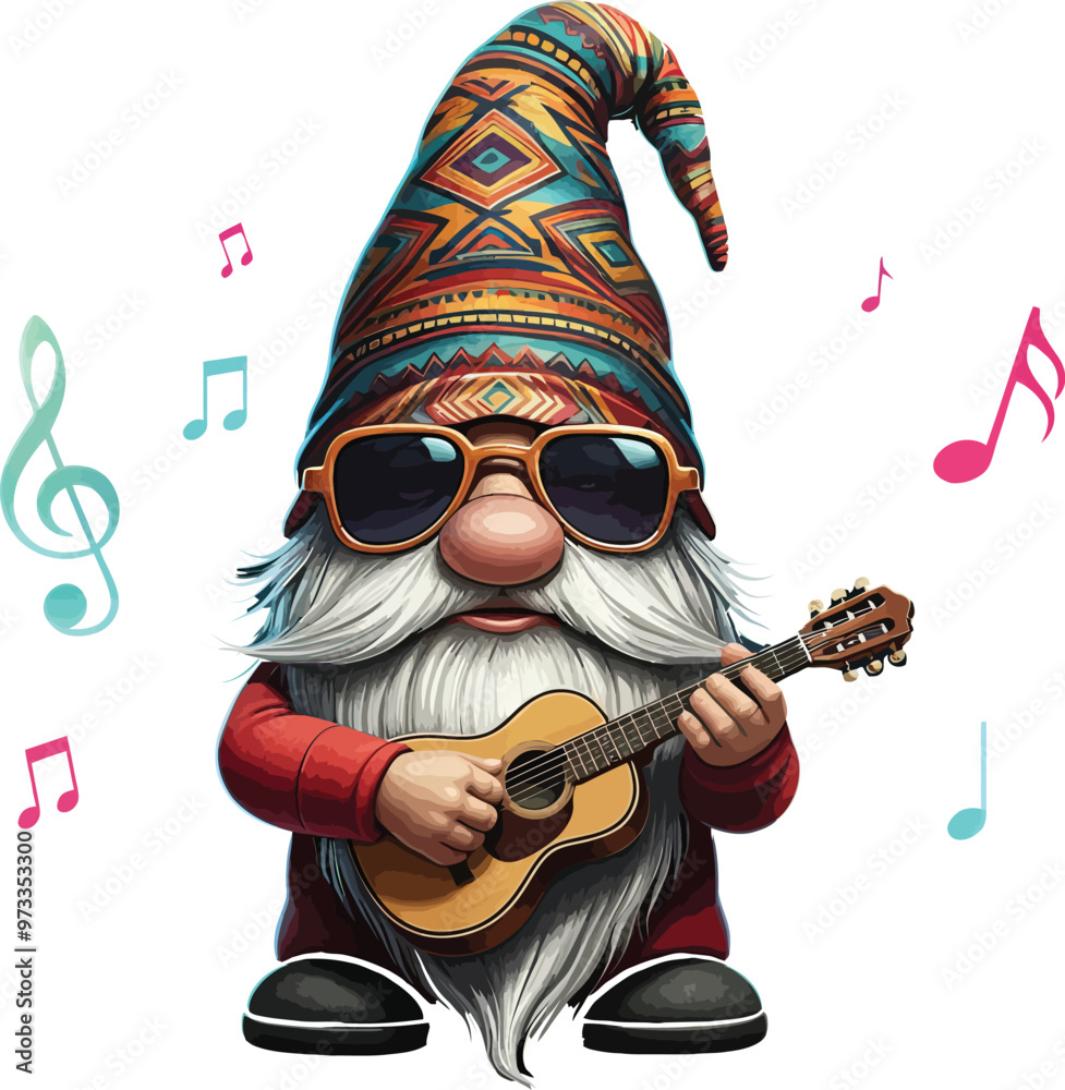 A fun gnome holding a tiny guitar, wearing a colorful, patterned hat and sunglasses A fun gnome holding a tiny guitar, wearing a colorful, patterned hat and sunglasses