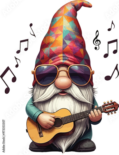 A fun gnome holding a tiny guitar, wearing a colorful, patterned hat and sunglasses 