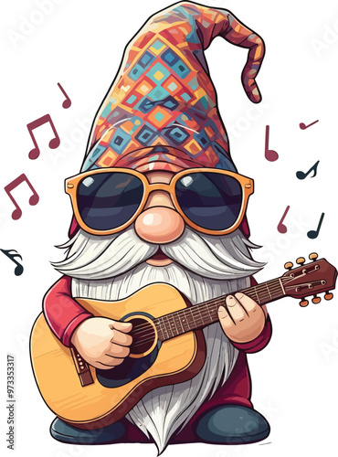 A fun gnome holding a tiny guitar, wearing a colorful, patterned hat and sunglasses 