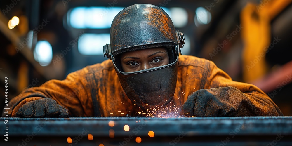 An individual in welding attire is seen working on metal components, with bright welding arcs and visible sparks An individual in welding attire is seen working on metal components, with bright welding arcs and visible sparks