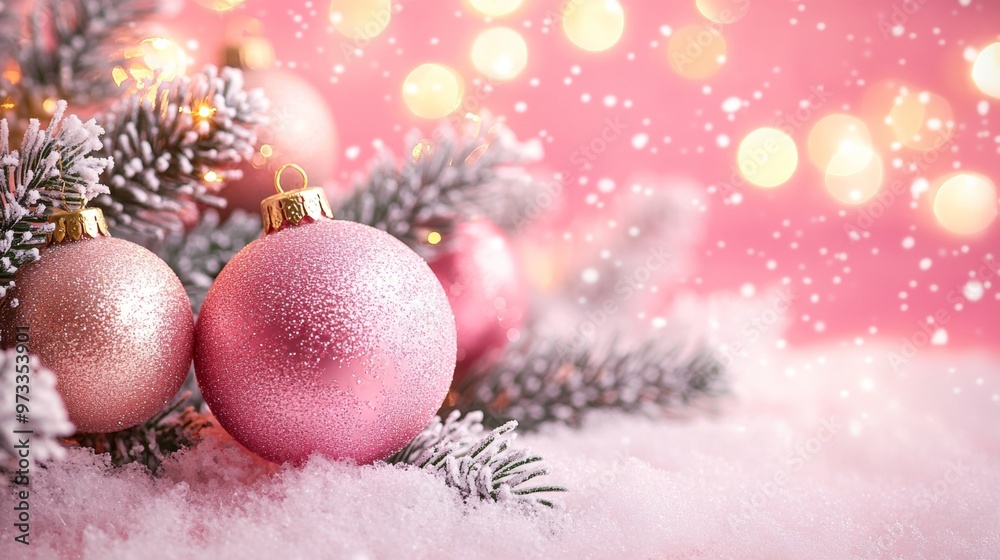 Festive Christmas tree with decorations with glittery baubles, frosted evergreen branches, illuminated by warm lights on a blur background. Merry Christmas banner and poster