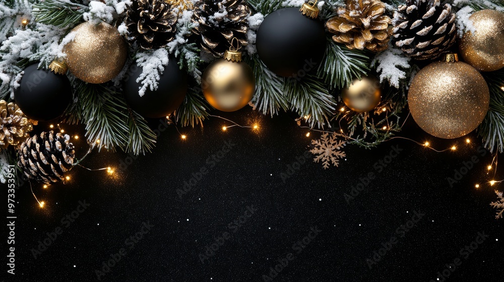 Festive Christmas tree with decorations with glittery baubles, frosted evergreen branches, illuminated by warm lights on a blur background. Merry Christmas banner and poster Festive Christmas tree with decorations with glittery baubles, frosted evergreen branches, illuminated by warm lights on a blur background. Merry Christmas banner and poster