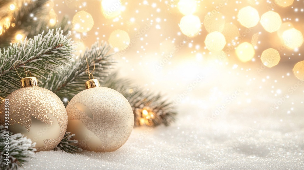 Festive Christmas tree with decorations with glittery baubles, frosted evergreen branches, illuminated by warm lights on a blur background. Merry Christmas banner and poster Festive Christmas tree with decorations with glittery baubles, frosted evergreen branches, illuminated by warm lights on a blur background. Merry Christmas banner and poster