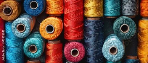 Colorful spools of thread arranged neatly 