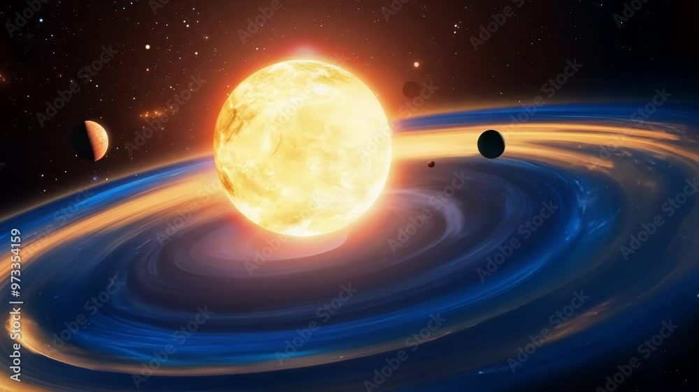 Planets are orbiting a star, creating impressive blue and orange rings ...