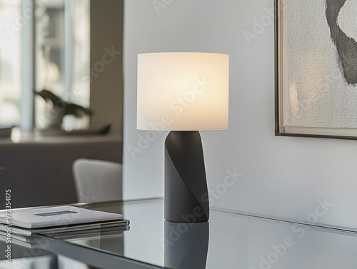 modern table lamp with a matte black finish, featuring a geometric, angular base and a white cylindrical shade photo