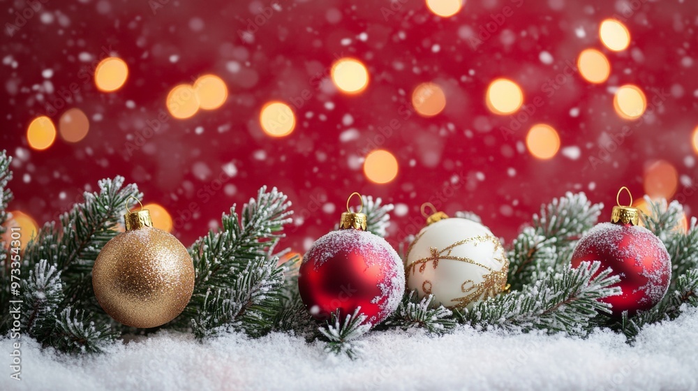 Naklejka premium Festive Christmas tree with decorations with glittery baubles, frosted evergreen branches, illuminated by warm lights on a blur background. Merry Christmas banner and poster