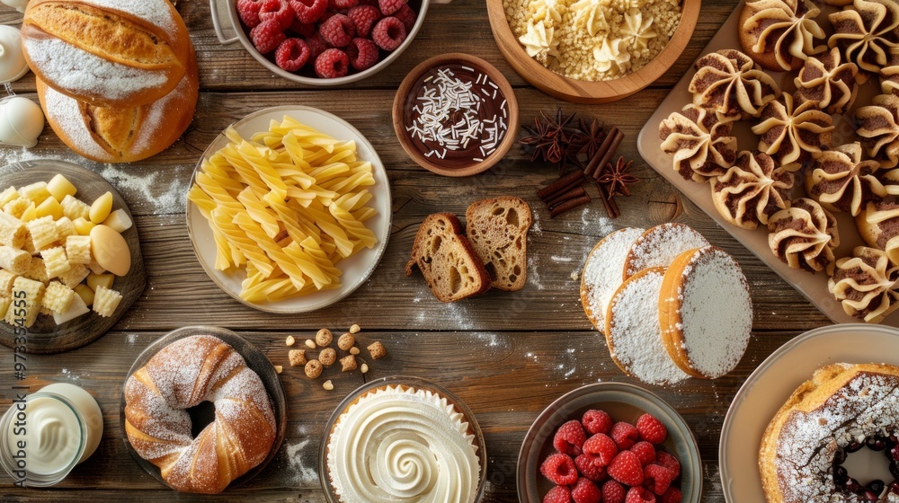 table topped with a variety of gluten containing items including pasta, bread and donuts table topped with a variety of gluten containing items including pasta, bread and donuts